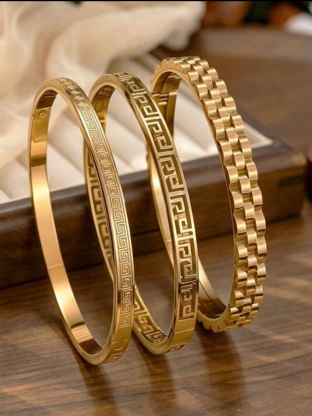 18K Yellow Gold Plated Bracelet Set Greek Key & Textured Designs